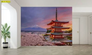 วอลเปเปอร์วิวเที่ยวญี่ปุ่น เจดีย์ชั้นตัดกับท้องฟ้าเฉดส้มม่วงและภูเขาหิมะไกลตา ใช้เป็นฉากหลังเคาน์เตอร์บริการเพื่อสื่อเส้นทางเด่น