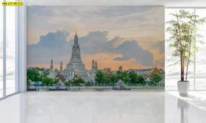 วอลเปเปอร์ภาพวิวเอเชีย ภาพเมืองริมสายน้ำท้องฟ้าอุ่นสำหรับห้องประชุมองค์กร โทนสบายตาเหมาะฉากวิดีโอคอลและงานนำเสนอแบบมืออาชีพ