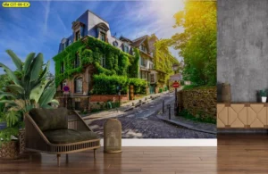 มุมอ่านหนังสือภาพถนนหินกรวดและบ้านปกคลุมเถาวัลย์ โทนเขียว–อิฐ–ทอง ให้บรรยากาศวินเทจอบอุ่น