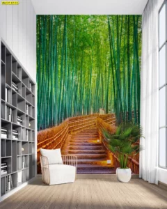 ภาพป่าไผ่สีเขียวเส้นนำสายตาขึ้นเนินบันได ให้ความสดชื่นและลึกมิติ เหมาะโซนอ่านหนังสือ ห้องประชุมครีเอทีฟ และผนังฟีเจอร์เชื่อมธรรมชาติ