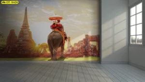 วอลเปเปอร์ภาพช้างท่องโบราณสถานยามแสงเย็น โทนอบอุ่นสื่ออารมณ์การเดินทางเอเชีย เหมาะใช้เป็นฉากผนังองค์กรและสตูดิโอผลิตตามขนาด