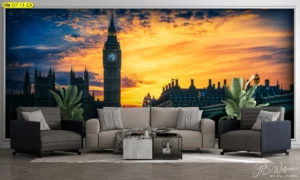 ผนังภาพเส้นขอบฟ้ายามอาทิตย์ลับ แสงส้มทองไล่เฉดน้ำเงินเหนือเมืองลอนดอน สร้างบรรยากาศดรามาติกให้เลานจ์หรือห้องรับรองดูหรูและน่านั่งยิ่งขึ้น