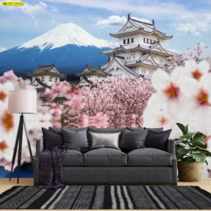 วอลเปเปอร์วิวเที่ยวญี่ปุ่น ภาพปราสาทและดอกไม้สีชมพูในวันที่ท้องฟ้าโปร่ง ติดหลังโซฟาโซนรับรองบริษัททัวร์ ช่วยเล่าเรื่องปลายทางและกระตุ้นการสนทนาแพ็กเกจ