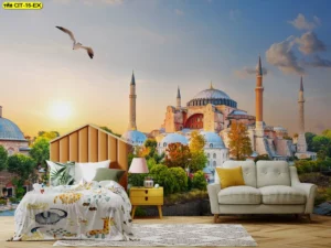 วอลเปเปอร์ภาพวิวยุโรป ห้องนอนเด็กผนังหัวเตียงภาพมัสยิดสีส้ม–น้ำเงิน–ทอง ลูกนกบินอิสระ โต๊ะข้างเตียงและผ้าปูลายสัตว์โลกเพื่อพัฒนาจินตนาการเด็ก