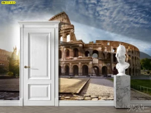 ผนังภาพแลนด์มาร์ค โคลอสเซียมภาพกว้าง โทนทองยามเย็น ขับกับประตูสีขาวคลาสสิกและประติมากรรมหินอ่อน ช่วยสร้างมุมล็อบบี้หรูสงบเหมาะเป็นจุดนำทางในอาคาร