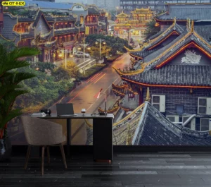 วอลเปเปอร์ภาพวิวเอเชีย ภาพสถาปัตยกรรมตะวันออกหลังคาโค้งเส้นทอง เหมาะเลานจ์องค์กรหรือโซนรับรองลูกค้าต่างชาติ โทนเย็นสง่างาม