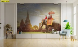 วอลเปเปอร์ภาพวิวเอเชีย ภาพช้างกับแสงเย็นหน้าโบราณสถาน โทนอุ่นเหมาะโถงองค์กร ใช้เป็นฉากเล่าเรื่องวัฒนธรรมบนผ้าแคนวาสไร้รอยต่อผลิตตามขนาด