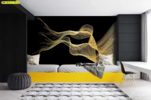 วอลเปเปอร์กราฟิกดำทอง ลายเส้นนามธรรมสีทองบนพื้นดำในห้องครีเอทีฟของออฟฟิศ สร้างพลังการระดมไอเดียและบรรยากาศโมเดิร์นลักชัวรีสำหรับทีมงาน