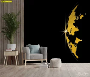 ภาพโลกสีทองครึ่งซีกฉายแสงบนพื้นหลังสีดำ ตัดกับผนังไม้ โซฟาเทา หมอนสีฟ้าอ่อน และกระถางต้นไม้ มุมสงบโทนโมเดิร์นที่ช่วยขับรายละเอียดพื้นผิวให้โดดเด่นในพื้นที่รับรอง