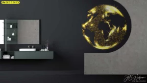 วอลเปเปอร์ทรงกลมโลกสีทองลายเครือข่ายเปล่งประกายในกรอบวงกลมบนผนังโทนเทาดำ ข้างชุดอ่างล้างหน้าแบบลอยตัวและชั้นวางมินิมอล ถ่ายทอดความทันสมัยสุขุมสำหรับห้องน้ำหรือโซนล้างมือของอาคาร