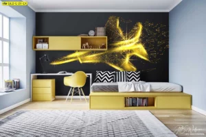 วอลเปเปอร์กราฟิกดำทอง เครื่องบินสีทองโทนเทคโนโลยีบนผนังห้องทีมวิศวกรรม เชื่อมโยงอัตลักษณ์องค์กรด้านการบินและโลจิสติกส์อย่างโดดเด่น