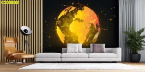 ภาพโลกสีทองทรงกลมบนพื้นดำในห้องประชุมใหญ่ ถ่ายทอดวิสัยทัศน์การขับเคลื่อนระดับโลกของผู้บริหารในโทนที่สงบและทรงพลัง