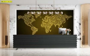 วอลเปเปอร์กราฟิกดำทอง แผนที่โลกสีทองลายจุดเชื่อมต่อบนพื้นหลังทองเข้มหลังเคาน์เตอร์ต้อนรับสีดำ รายล้อมด้วยกรุหินอ่อนและโคมแขวน ช่วยยกระดับภาพลักษณ์โถงรับแขกให้สง่างามและสื่อมิติระดับนานาชาติ