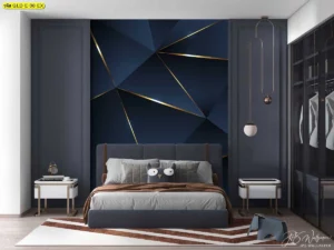 วอลเปเปอร์แคนวาสทอง โทนสีน้ำเงินเข้มตัดเส้นทองสไตล์โมเดิร์น เหมาะสำหรับเจ้าของบ้านรุ่นใหม่ที่ต้องการตกแต่งห้องนอนให้มีความเท่หรูหราและสัมผัสความโดดเด่น