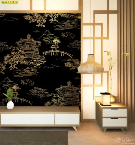 วอลเปเปอร์แคนวาสทอง ดีไซน์ศาลาและวิวธรรมชาติทองบนพื้นดำ ตกแต่งห้องสไตล์เอเชียร่วมสมัย เพิ่มความคลาสสิกและสุขุม สำหรับห้องอาหารหรือโฮเทล