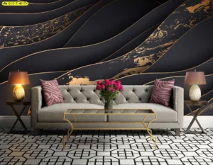วอลเปเปอร์ผ้าแคนวาสลายคลื่นสีดำทองสำหรับโถงรับแขกองค์กรพรีเมียม ยกระดับบรรยากาศโมเดิร์นลักชัวรี