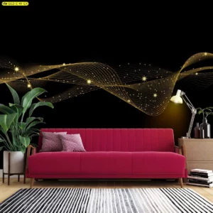 ลายเส้นแสงสีทองพริ้วไหวบนพื้นดำพาดยาวเหนือโซฟาสีชมพูเข้ม คู่โคมไฟตั้งพื้นและพรมลายทาง สร้างจังหวะเคลื่อนไหวหรูหราพร้อมบรรยากาศร่วมสมัยให้มุมพักผ่อนหรือโถงรับแขก