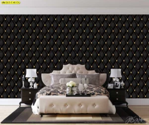 วอลเปเปอร์แคนวาสทอง ห้องนอนสไตล์หรูหราโมเดิร์นสีดำทอง เน้นตกแต่งผนังห้องนอนให้ดูเท่ ครบทุกบริการผลิตและติดตั้ง