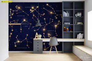 ภาพวอลเปเปอร์ผ้าแคนวาสทอง ดีไซน์กลุ่มดาวทองพื้นน้ำเงินสวยงาม เหมาะกับตกแต่งห้องทำงาน สำนักงาน และสตูดิโอ เพิ่มความโมเดิร์น และเสริมภาพลักษณ์ธุรกิจทันสมัย