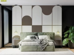 วอลเปเปอร์ติดผนังหัวเตียงห้องนอนลายกราฟิก Abstract รูปทรงโค้งมนสไตล์โมเดิร์นโทนสีน้ำตาล-ครีม