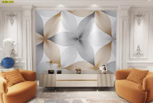 ภาพตกแต่งห้องรับรองแขกสไตล์คอนเทมโพรารี ลวดลายเรขาคณิตสีเงินทองสำหรับออกแบบผนังคลินิกความงามด้วยภาพศิลปะ