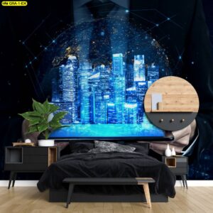 วอลเปเปอร์โฮโลแกรมภาพเมืองกลางคืนสีฟ้าสว่างไสวในห้องนอนทันสมัย ตกแต่งห้องนอนสไตล์โมเดิร์นล้ำยุค เหมาะสำหรับผู้ที่ชอบภาพกราฟิกดิจิทัลและนวัตกรรมใหม่ๆ