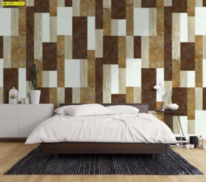 วอลเปเปอร์ลายกราฟิกห้องวัยรุ่น สไตล์โมเดิร์น ใช้รูปทรงสี่เหลี่ยมผืนผ้าในโทนสีเอิร์ธโทน น้ำตาล ครีม และขาว
