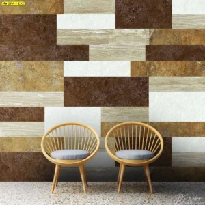 วอลเปเปอร์ลายกราฟิกทรงสี่เหลี่ยมผืนผ้าโทนสีเอิร์ธโทนน้ำตาล ครีม และขาว เหมาะสำหรับตกแต่งผนังห้องนั่งเล่นหรือห้องรับแขก สร้างสไตล์โมเดิร์นอบอุ่นและเป็นธรรมชาติ