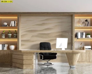 ภาพศิลปะตกแต่งภายในห้องทำงานผู้บริหารด้วย วอลเปเปอร์ลายกราฟิกหรูหรา คลื่นทรายสีเอิร์ธโทน สไตล์โมเดิร์นเนเชอรัล