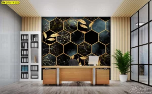 ภาพติดผนังลายรวงผึ้งสีดำทองผสมลายหินอ่อนและใบไม้สีทอง เหมาะสำหรับห้องทำงานผู้บริหารที่ต้องการความน่าเชื่อถือและหรูหรา