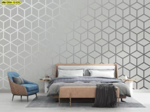 วอลเปเปอร์ลายเรขาคณิตสามมิติโทนสีเทาไล่เฉด สำหรับตกแต่งห้องนอนสไตล์มินิมอลโมเดิร์น ให้ความรู้สึกสงบและผ่อนคลาย