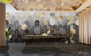 ภาพติดผนังลายหกเหลี่ยมสีดำ-ทอง ติดตั้งบริเวณเคาน์เตอร์ต้อนรับโรงแรมสไตล์หรูหรา เป็น Luxury hotel lobby wallpaper design สร้างความประทับใจ