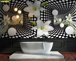 ภาพศิลปะตกแต่งผนังห้องน้ำสไตล์เหนือจริง เป็นลายกราฟิกสามมิติรูปดอกลิลลี่สีขาวบนพื้นหลังลายจุดลวงตาสีขาวดำ