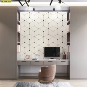 ไอเดียแต่งห้องทำงานสไตล์มินิมอลด้วยวอลเปเปอร์ลายเส้นเรขาคณิตสามมิติโทนสีครีม-ดำ สั่งทำสำหรับมุมทำงานที่บ้าน