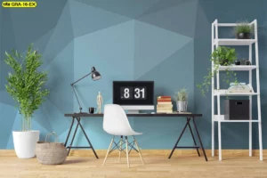 สั่งพิมพ์ วอลเปเปอร์ลายกราฟิกห้องวัยรุ่น ห้องทำงานดีไซน์มินิมอลลิสต์ เป็นลายกราฟิกโพลีกอนไล่เฉดสีฟ้าและน้ำเงิน สร้างบรรยากาศสงบ