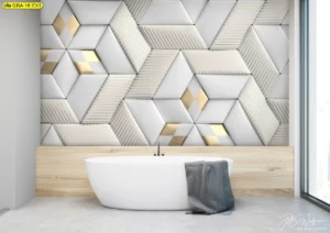 ภาพกราฟิกสามมิติลายเรขาคณิตสีเงินทองในโซนห้องน้ำสร้างบรรยากาศเรียบหรูและสง่างามอย่างลงตัว