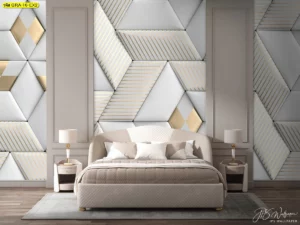 ไอเดียตกแต่งห้องพักโรงแรมให้หรูหราด้วย วอลเปเปอร์ลายกราฟิกหรูหรา สำหรับโรงแรม เป็นลายสามมิติสีขาวทอง