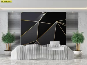 วอลเปเปอร์กราฟิกโมเดิร์นโทนเข้ม ลายเรขาคณิตสีดำประดับเส้นทองตกแต่งห้องพักหรูหราสไตล์โมเดิร์นลักชัวรี่เหมาะสำหรับคู่รักที่ชื่นชอบความสง่างาม