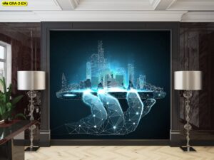 วอลเปเปอร์ลายกราฟิกทันสมัย รูปมือโฮโลแกรมถือเมืองดิจิทัลเรืองแสงสีฟ้า เหมาะสำหรับตกแต่งห้องทำงานผู้บริหารในบริษัทเทคโนโลยี