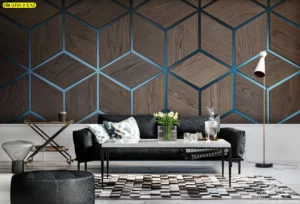 ภาพวอลเปเปอร์ลายเรขาคณิตไม้กับเส้นสีน้ำเงินเข้มในห้องนั่งเล่นเสริมบรรยากาศอบอุ่นและมีสไตล์เฉพาะตัว