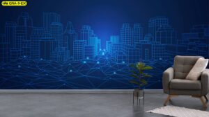 ภาพติดผนังลายเส้นดิจิทัลรูปเมืองสีน้ำเงินบนพื้นหลังสีเข้ม สร้างบรรยากาศล้ำสมัยให้ Co-working Space ด้วยวอลเปเปอร์สั่งพิมพ์ลายกราฟิก