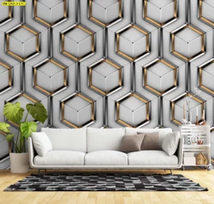 วอลเปเปอร์ลายกราฟิกรวงผึ้ง สามมิติ โทนสีขาว เงิน ทอง สำหรับตกแต่งห้องนั่งเล่นให้ดูหรูหราและทันสมัย สร้างมิติให้ผนัง