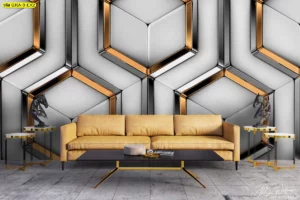 วอลเปเปอร์ลายกราฟิกสามมิติ ตกแต่งผนังห้องนั่งเล่นสไตล์โมเดิร์นลักชัวรี่ด้วยลวดลายหกเหลี่ยมสีขาว เงิน และทองแดง สร้างมิติที่หรูหรา