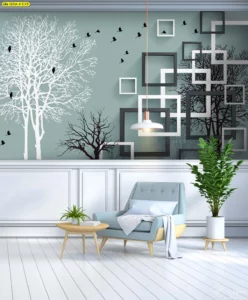ภาพพิมพ์แคนวาสติดผนังขนาดใหญ่สไตล์คอนเทมโพรารีอาร์ต เป็นรูปต้นไม้สีขาวและดำตัดกับรูปทรงเรขาคณิตบนพื้นหลังสีฟ้าอมเทา