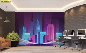 วอลเปเปอร์ลายกราฟิกทันสมัย การ์ตูนรูปเมืองสีม่วงชมพูสดใส สร้างบรรยากาศ креаทีฟให้พื้นที่ทำงานส่วนกลางของบริษัทด้านนวัตกรรม