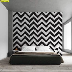 วอลเปเปอร์กราฟิกโมเดิร์นสีเข้ม ลายชีฟรอนขาวดำตกแต่งห้องนอนโมเดิร์นสำหรับคู่รักที่ชื่นชอบความเรียบง่ายและคลาสสิก