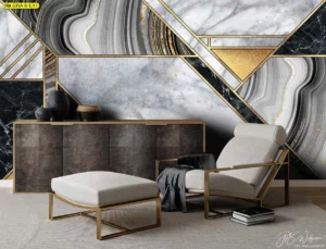 วอลเปเปอร์สั่งพิมพ์ลายหินอ่อนโมเดิร์นโทนสีเทา-ดำ-ทอง ติดตั้งในห้องนั่งเล่นสไตล์ลักซูรี