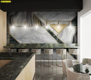 วอลเปเปอร์กราฟิกลายหินอ่อน สีเทา-ดำพร้อมเส้นสายสีทอง ติดตั้งบริเวณเคาน์เตอร์บาร์สร้างบรรยากาศหรูหราทันสมัย