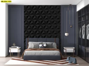 ภาพศิลปะลายสามมิติสีดำตกแต่งผนังหัวเตียงสร้างมิติและความลึกให้ห้องนอนโมเดิร์นมินิมอลสไตล์