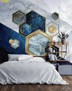 ภาพศิลปะติดผนังขนาดใหญ่ลายเรขาคณิตหกเหลี่ยมสีน้ำเงิน-ทอง สำหรับตกแต่งผนังหัวเตียงห้องนอน